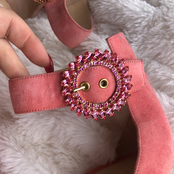 DEIMILLE pink suede heels with rhinestone buckle - Picture 2 of 8